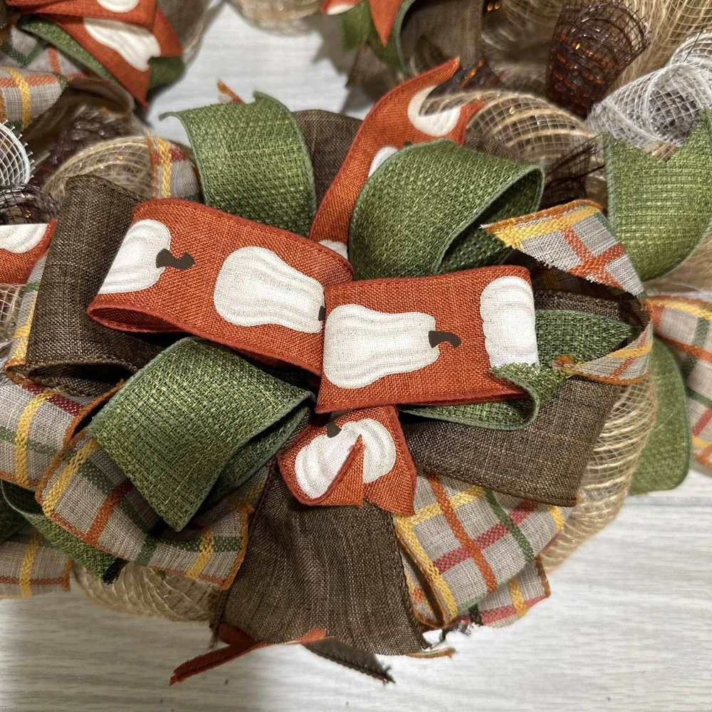 Handmade Fall Autumn Pumpkin Plaid Orange Brown Green Ribbon 18